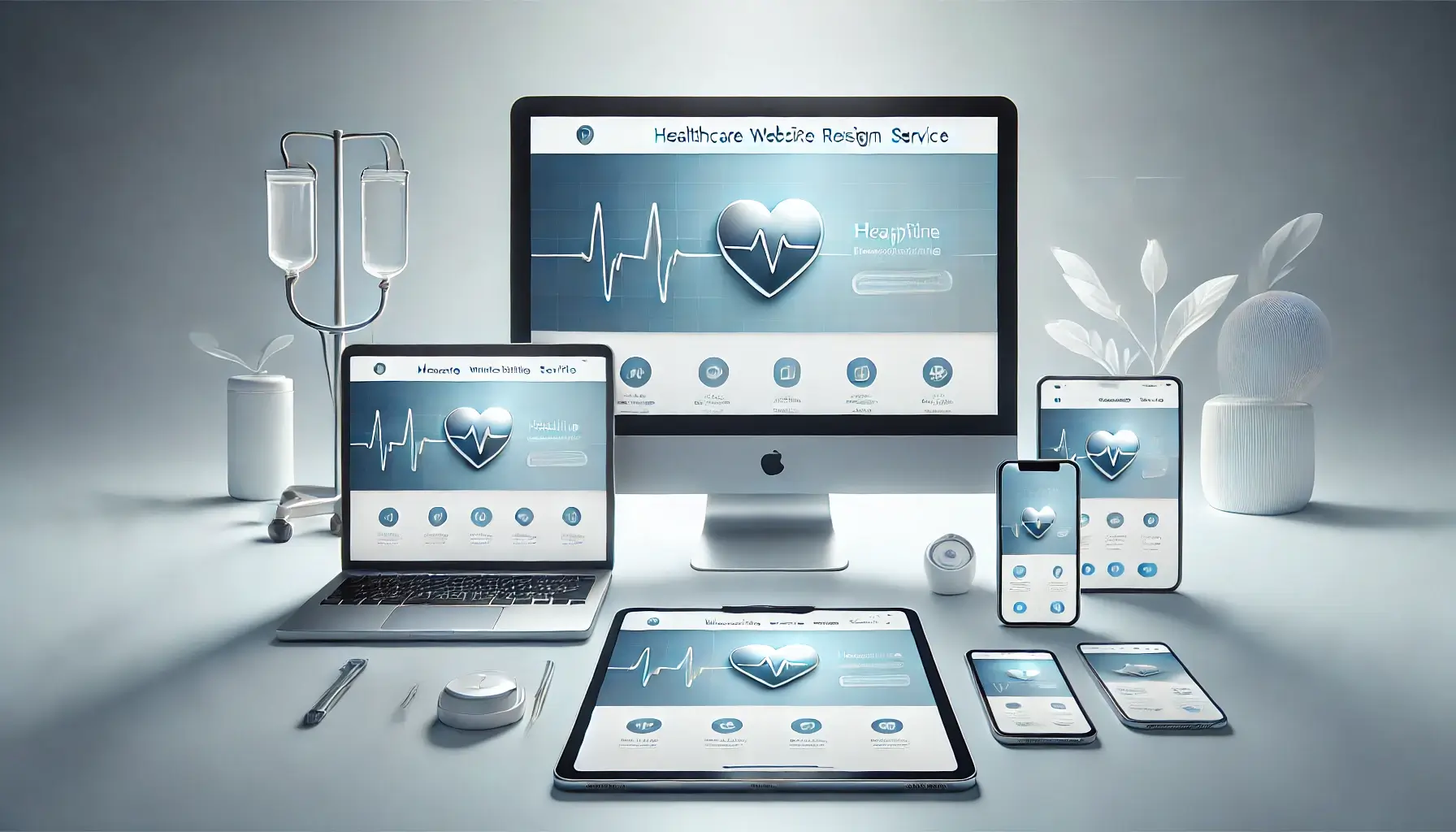 A wide banner image designed for a healthcare website redesign service, featuring a modern, clean aesthetic with a soft blue-to-white gradient background.